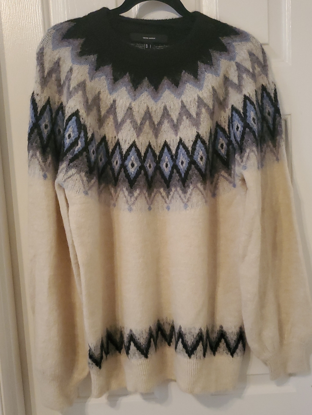 Vero Moda Cream Crewneck Sweater with Black and Blue Fair Isle Yoke